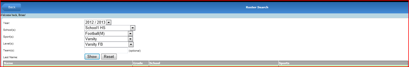 Roster search results with clickable student names