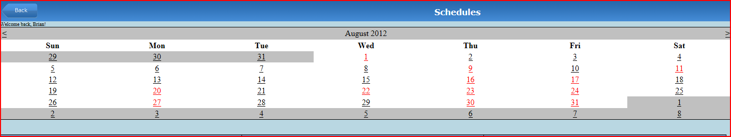 Schedule calendar with clickable dates