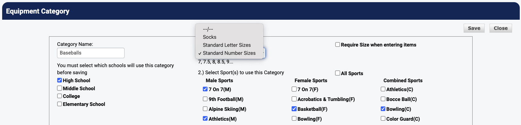 Equipment Category page showing size template dropdown