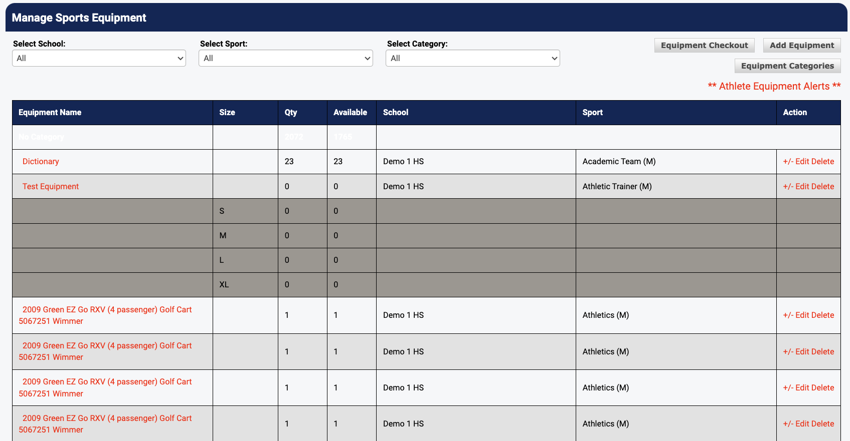 Equipment Detail page showing Total Quantity field