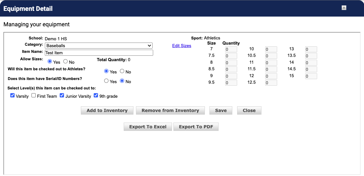 Equipment Detail page with category dropdown showing options