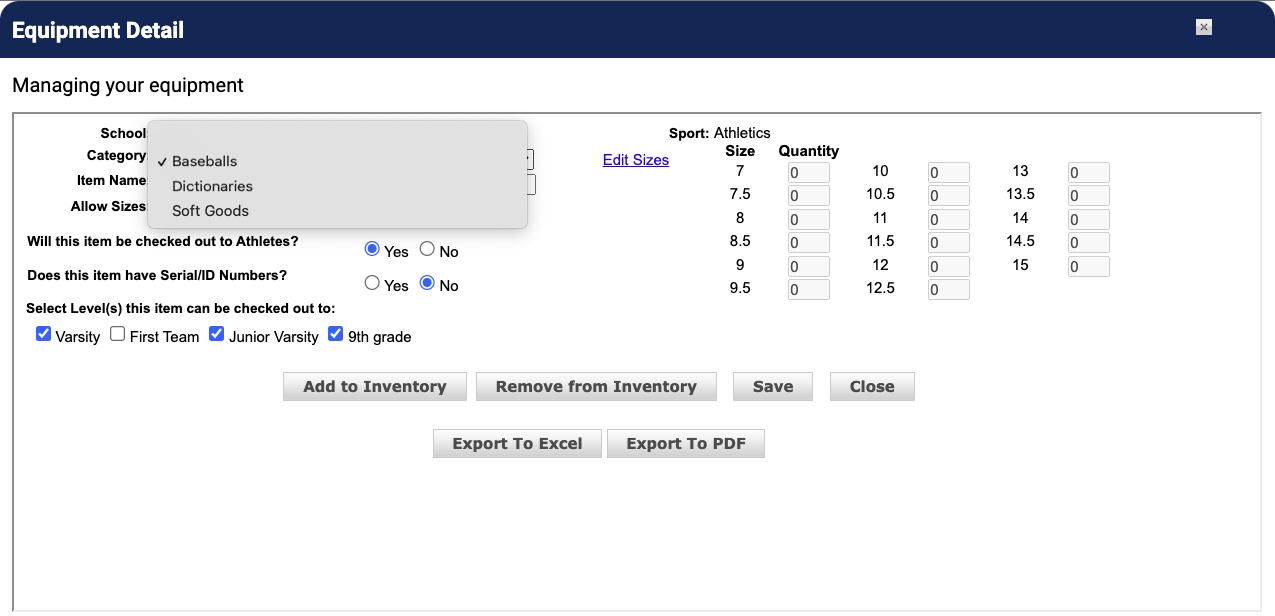 Add to Inventory dialog showing size fields and notes