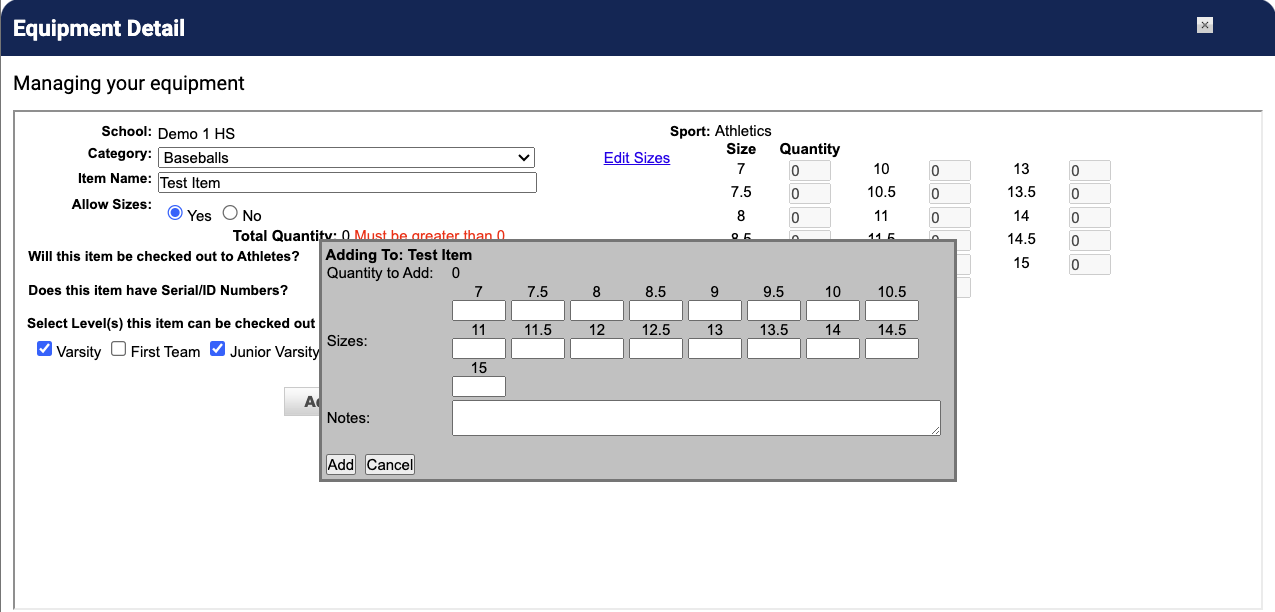 Equipment Category page with size template dropdown