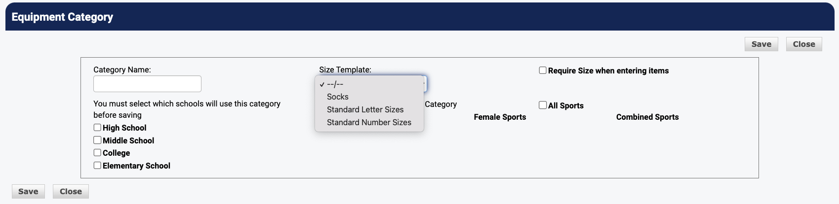 Equipment Detail page with letter sizes populated from template