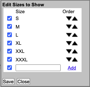 Edit Sizes to Show dialog with checkboxes and order controls