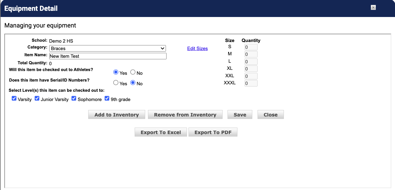 Equipment Detail page with size quantities filled in and total calculated
