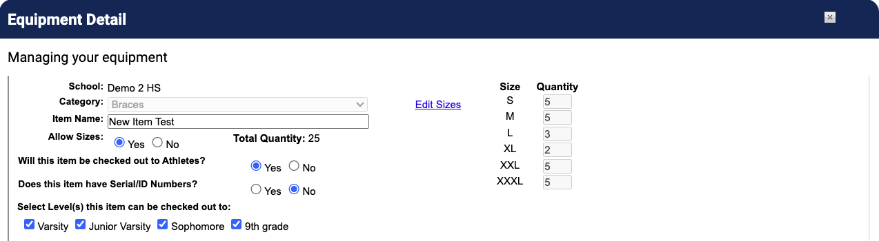 Equipment Detail page for existing item with size template