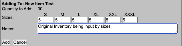 Add to Inventory dialog with sizes and notes