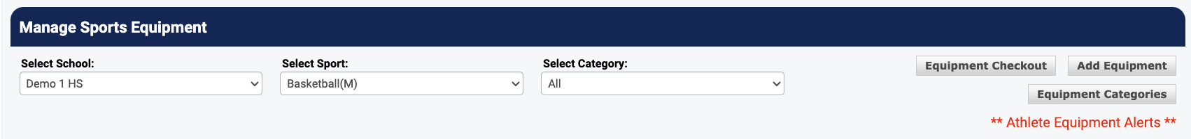 Manage Sports Equipment page header with school and sport selectors