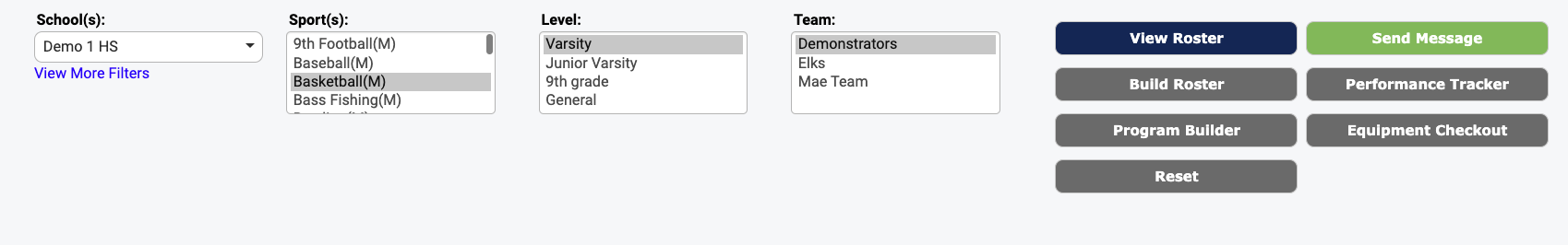 Manage Rosters page with Equipment Checkout button
