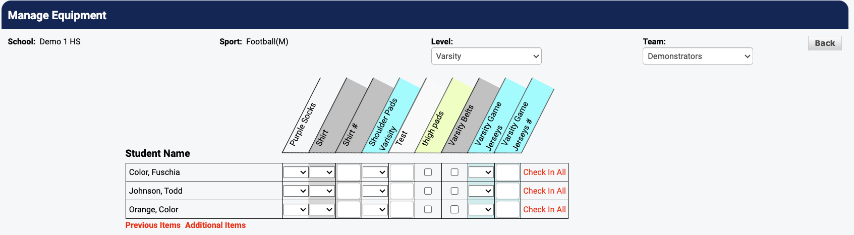 Equipment checkout screen with items across top and roster on left
