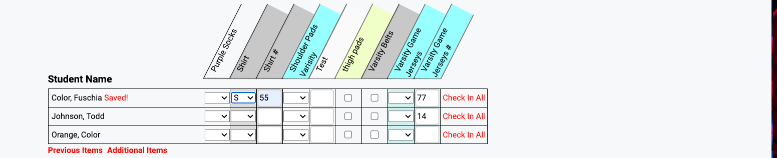 Checkout screen showing Saved message after size and ID entry