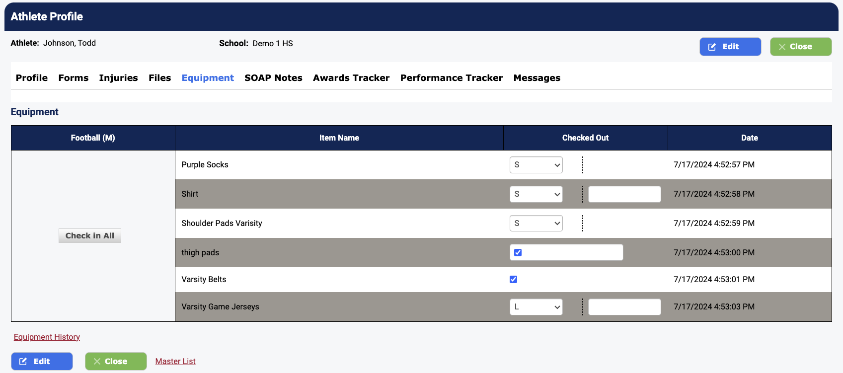 Athlete Profile Equipment tab showing checked out items
