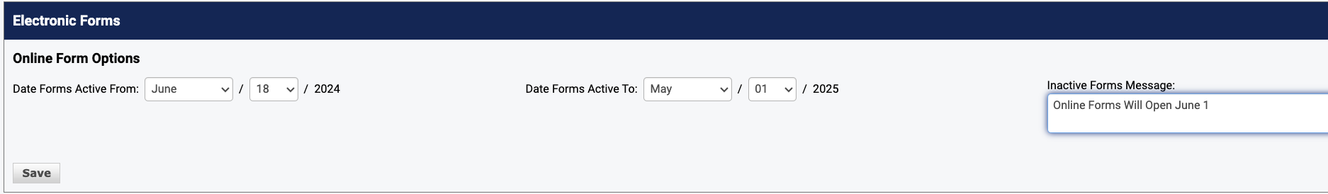 Inactive Forms Message text field