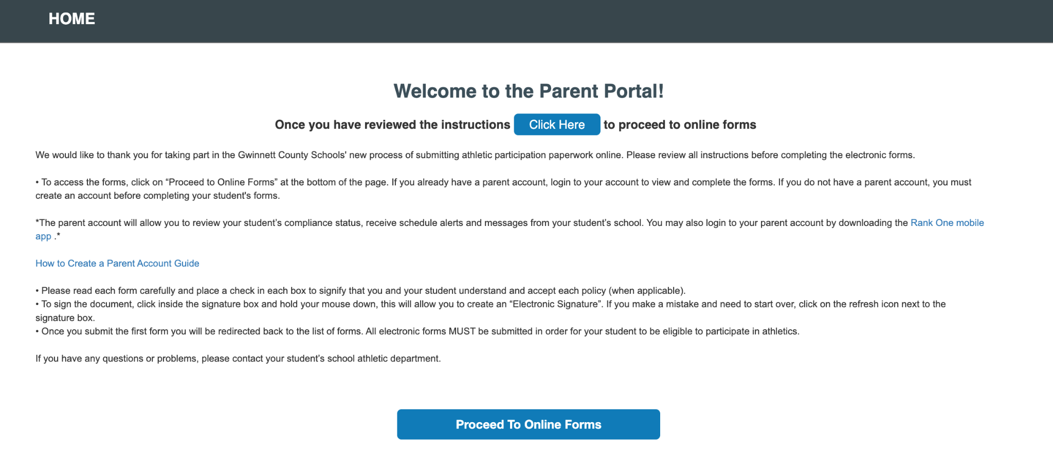 District instructions page with Proceed to Online Forms button