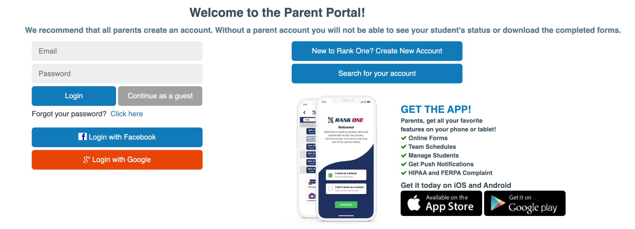 Parent Portal login page with Continue as a Guest option