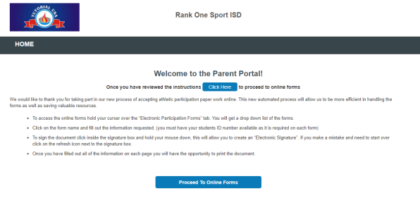 District instructions page with Proceed to Online Forms button