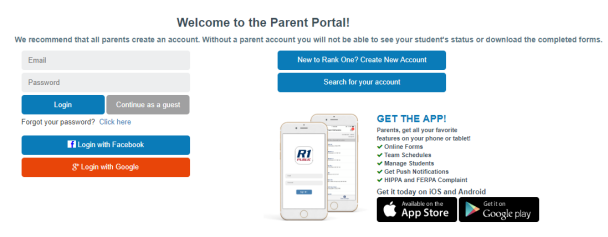 Parent Portal login page with options to sign in or create an account