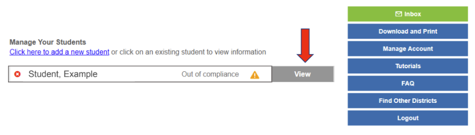 Student compliance status page with View button