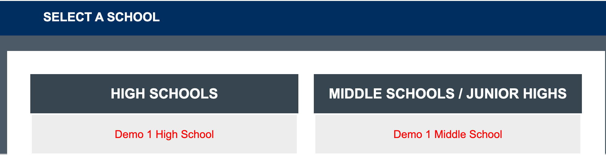 School selection page showing High Schools and Middle Schools