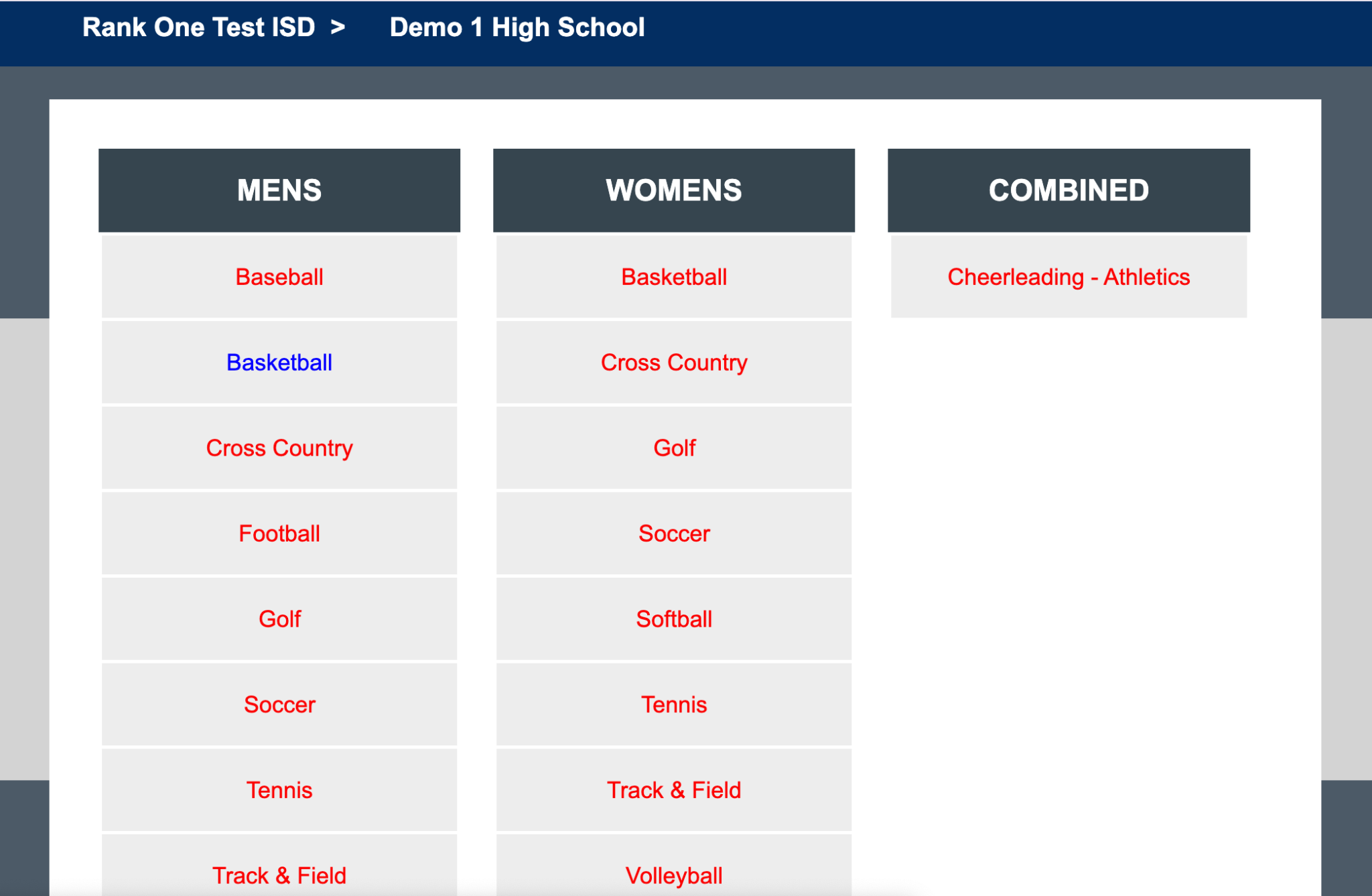 Sport selection page showing Mens, Womens, and Combined categories