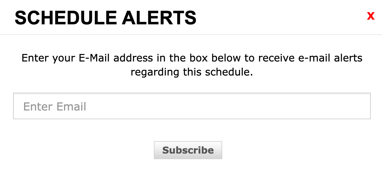 Schedule Alerts subscription dialog with email field and Subscribe button