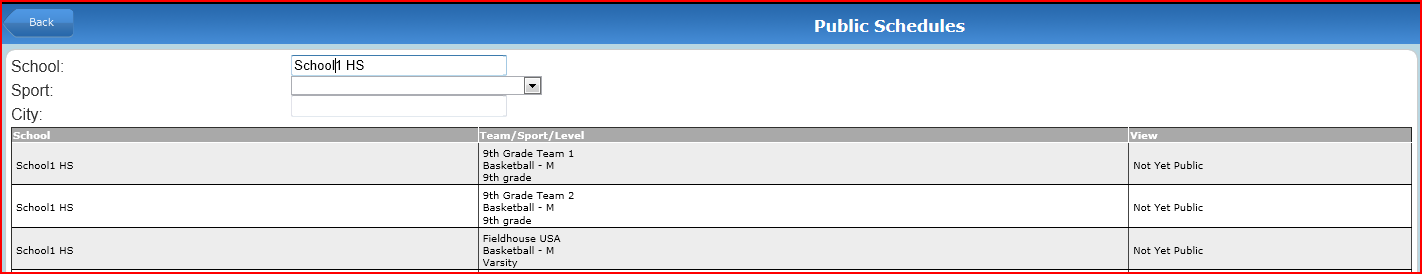 Public Schedules page with school search field