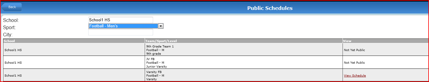 Public Schedules page with sport filter selected