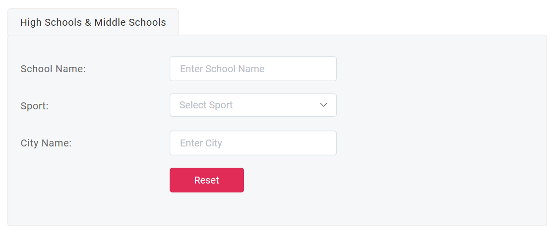 School search form with School Name, Sport, and City Name fields