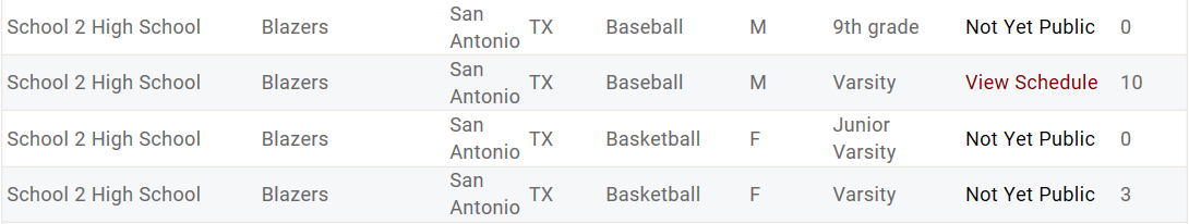 Search results showing teams with View Schedule links