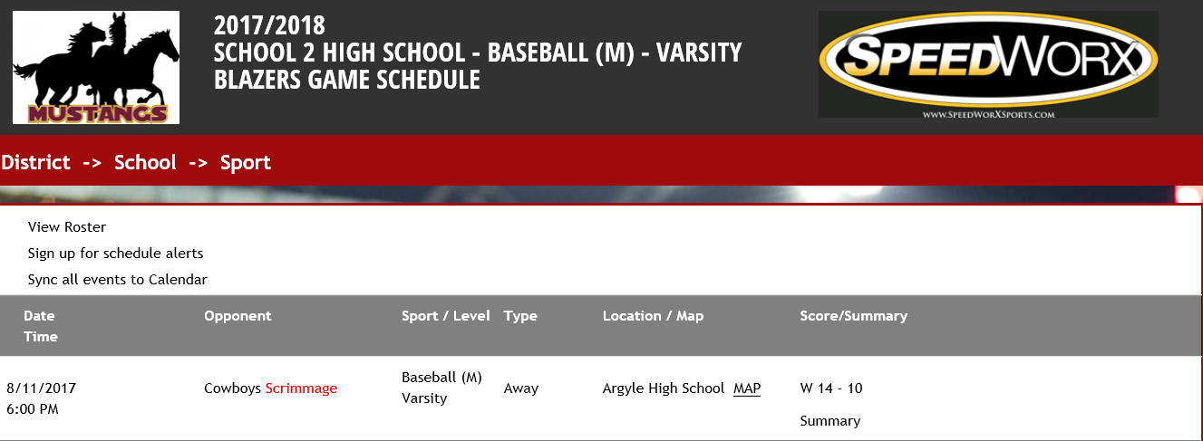 Schedule page showing game details and alert signup link