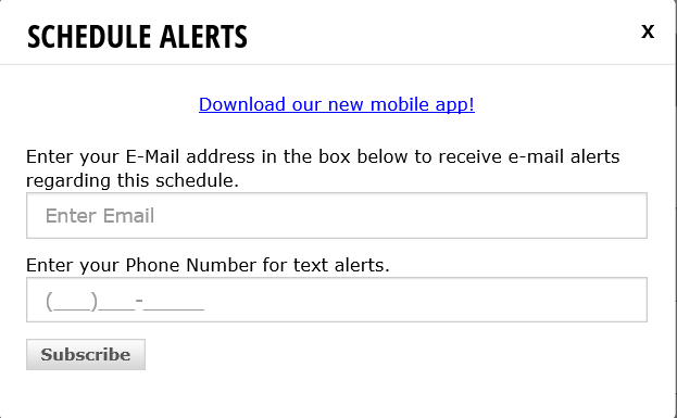 Schedule Alerts dialog with email and phone number fields