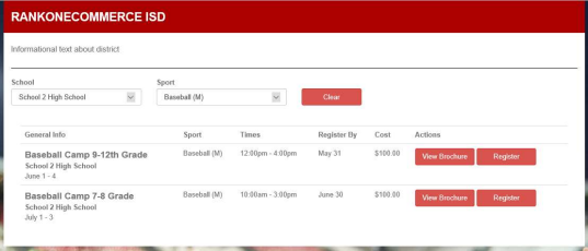 School and sport selection drop-down menus with camp list