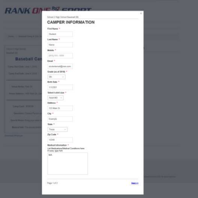 Camper information form with fields for name, email, grade, address, and medical information