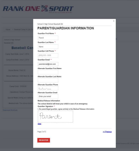 Parent/Guardian information form with guardian details and medical release signature