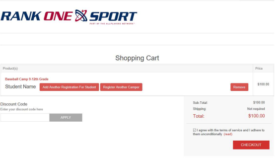 Shopping cart showing registered camp, discount code field, and checkout button