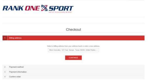 Checkout page showing billing address, payment method, payment information, and confirm order steps