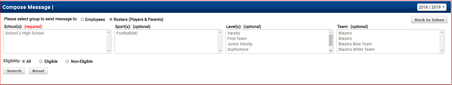 Compose Message screen showing School, Sport, Level, and Team filter options