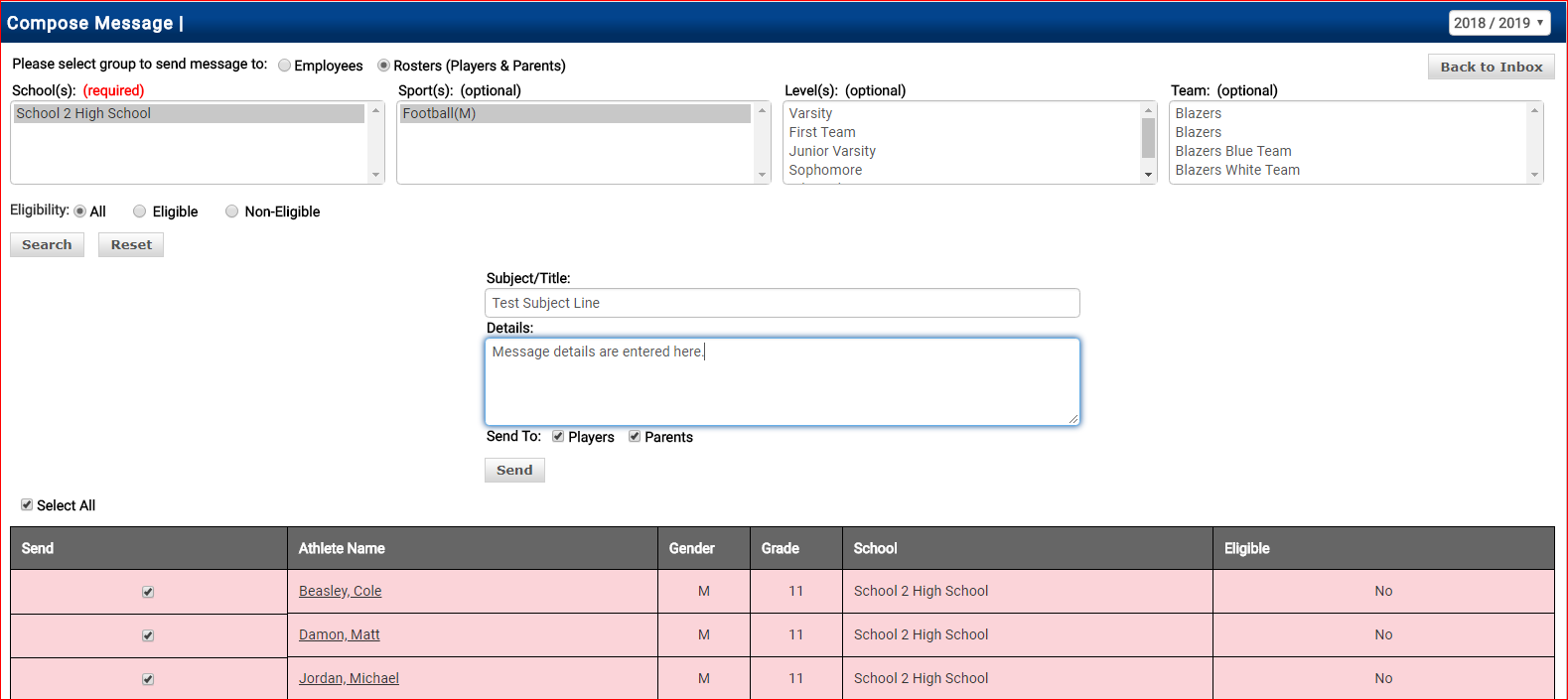 Complete compose message form with subject, message body, send-to options, and student list