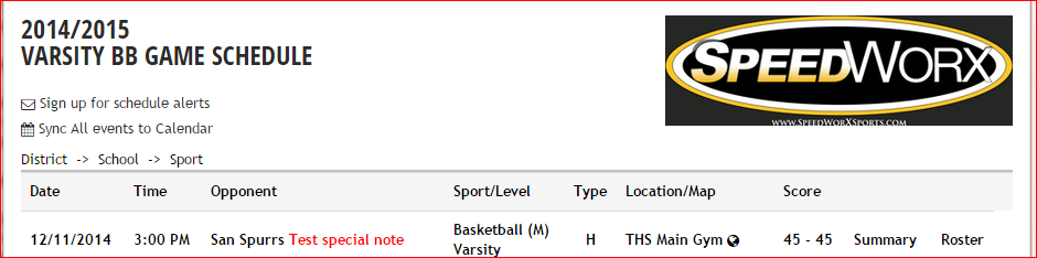 Schedule page showing the Sign up for schedule alerts link