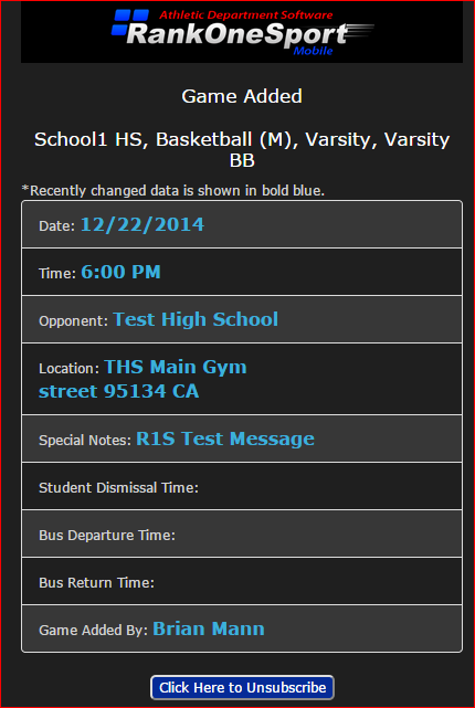 Detailed game information page showing date, time, opponent, and location