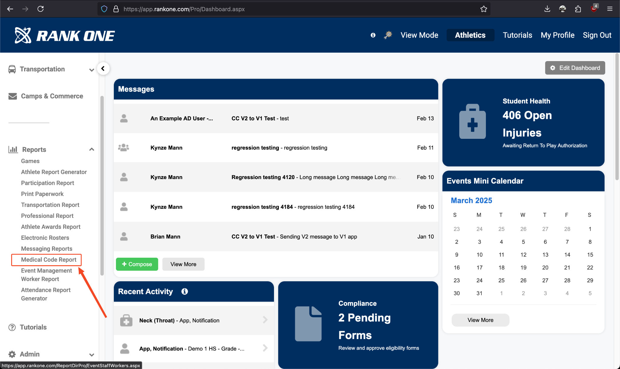 Reports dropdown showing Medical Code Report option