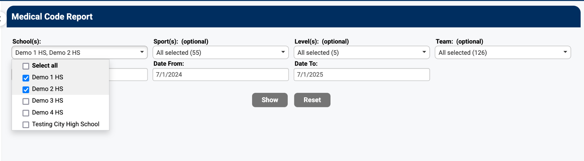 Medical Code Report search parameters