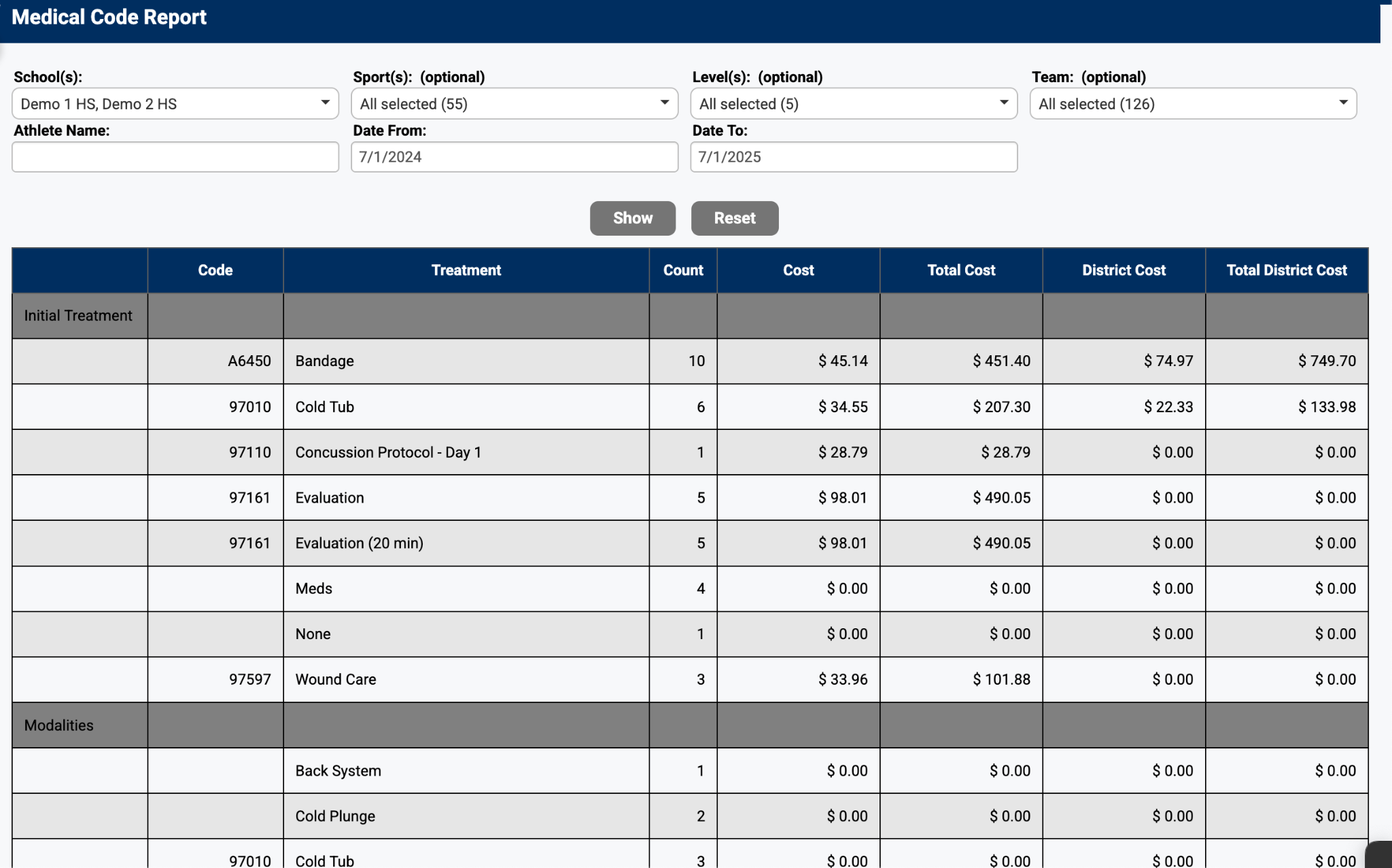 Medical Code Report showing treatment sections with costs