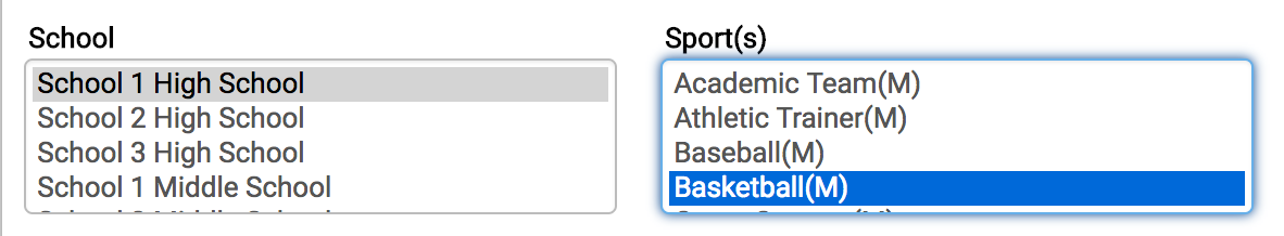 Selection boxes for Institution, Sport, Level, and Team