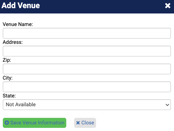Step 3 — Add venue form with fields for name, address, zip, city, and state