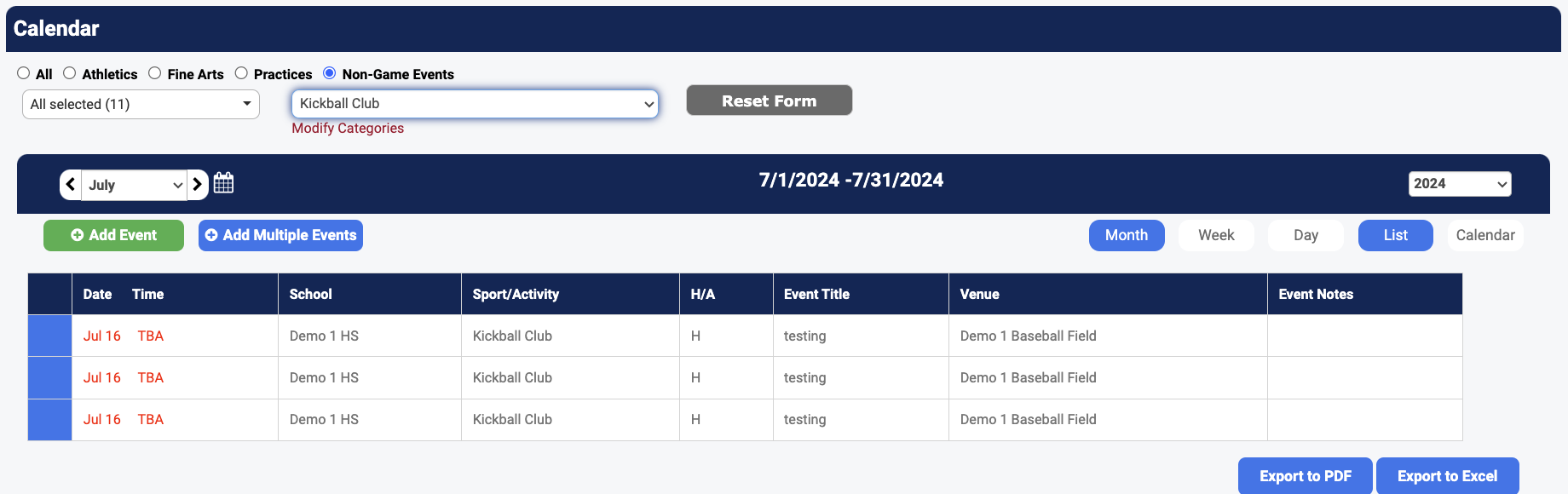 Step 3 — Non-Game Events organized by category