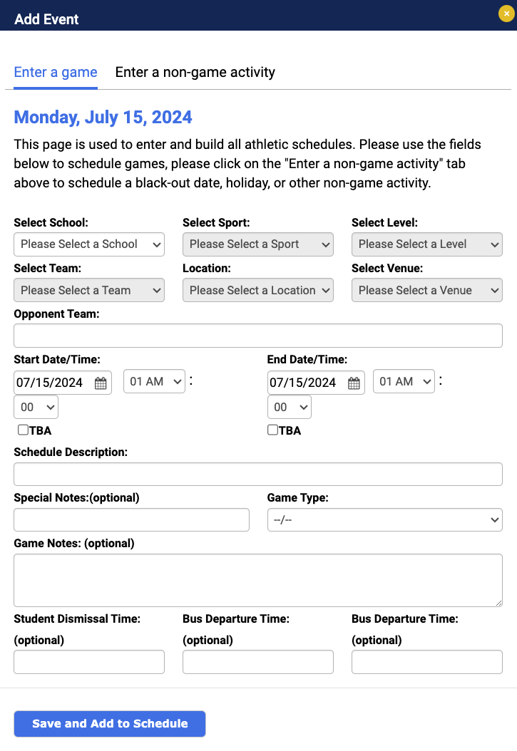 Step 4 — Enter a Non-Game Activity button and Add Event link