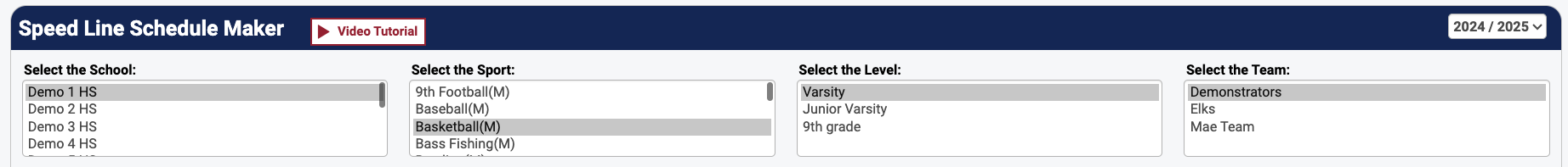 School, Sport, Level, and Team selection fields