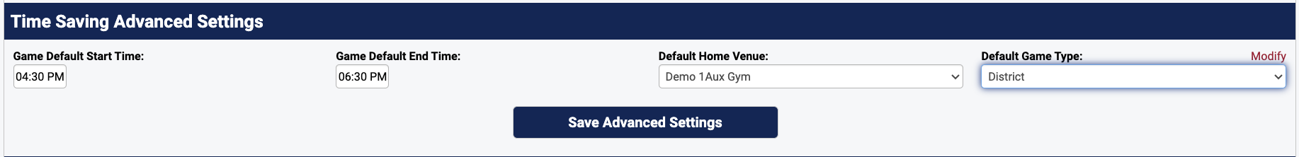Advanced Settings panel with Start Time, End Time, Venue, and Game Type